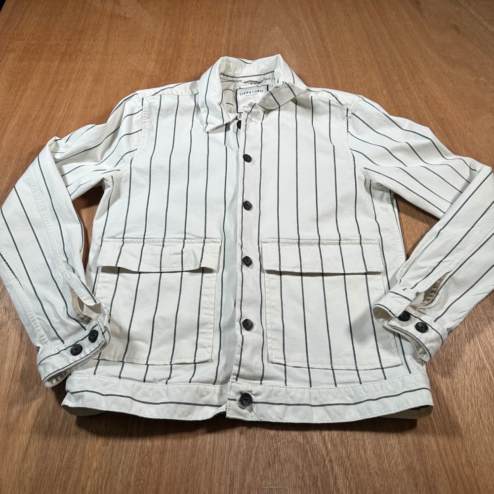 Denim & Flower Jacket Women Small White Pinstripe Lightweight Utility Button Up